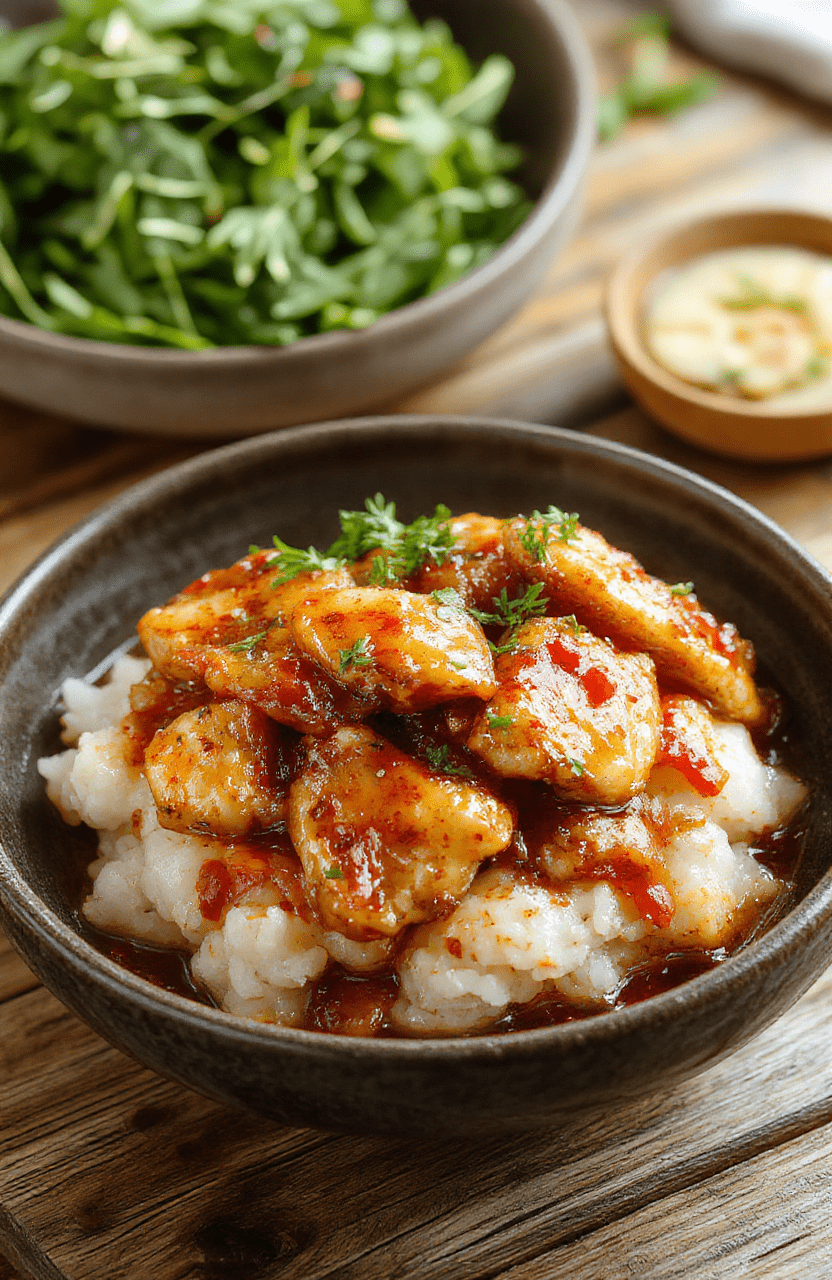 The dish shows tender caramelized soy chicken pieces sitting atop fluffy white rice, soaked in a glossy garlic and ginger broth, garnished with sliced green onions and sesame seeds, vibrant and inviting, styled simply on a rustic wooden table.