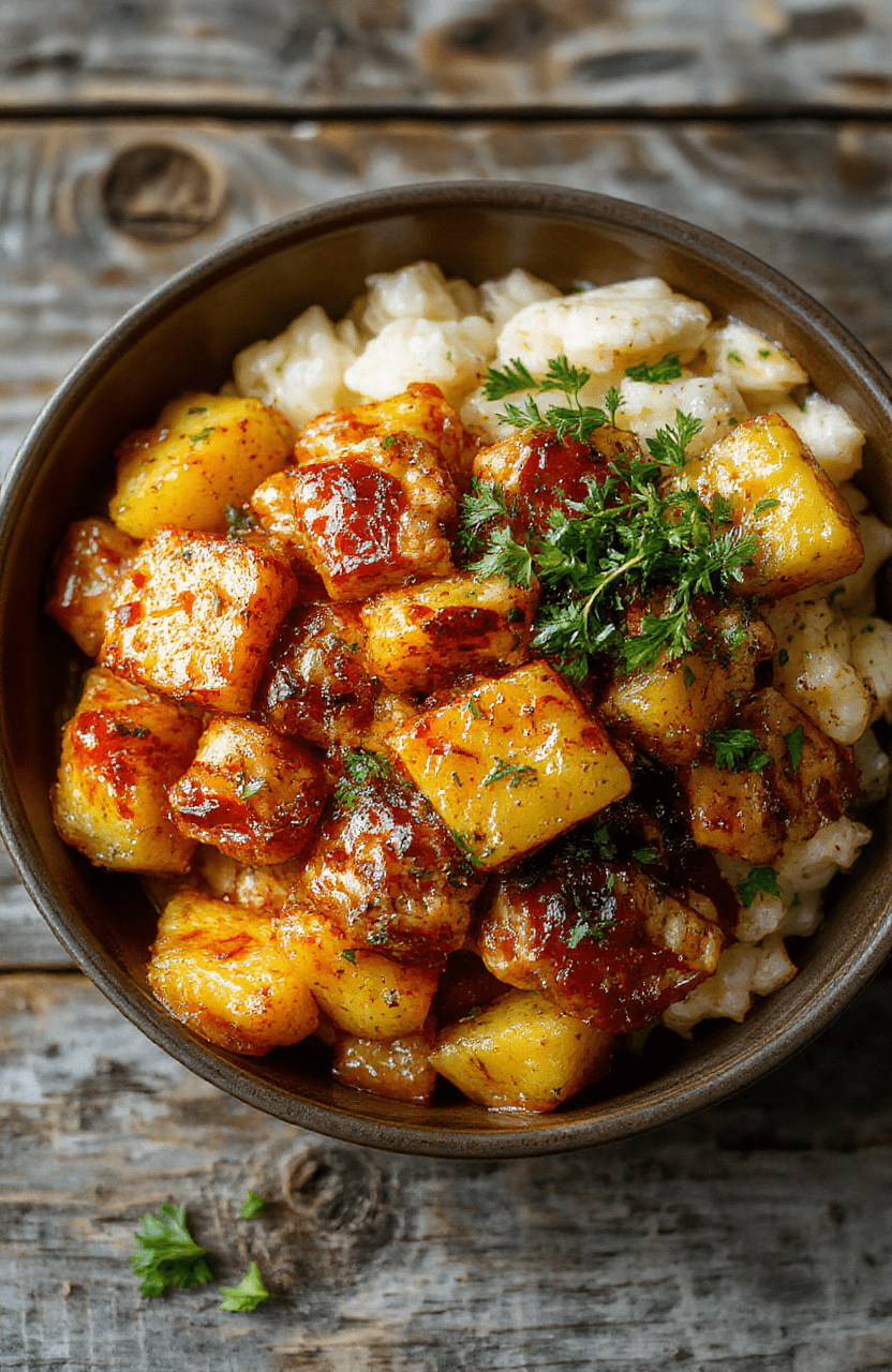 A vibrant plate of pineapple chicken and rice featuring golden-brown chicken pieces topped with caramelized pineapple chunks, garnished with green onions and sesame seeds, served on a white plate with colorful vegetables in the background, styled casually with natural lighting highlighting textures and colors.