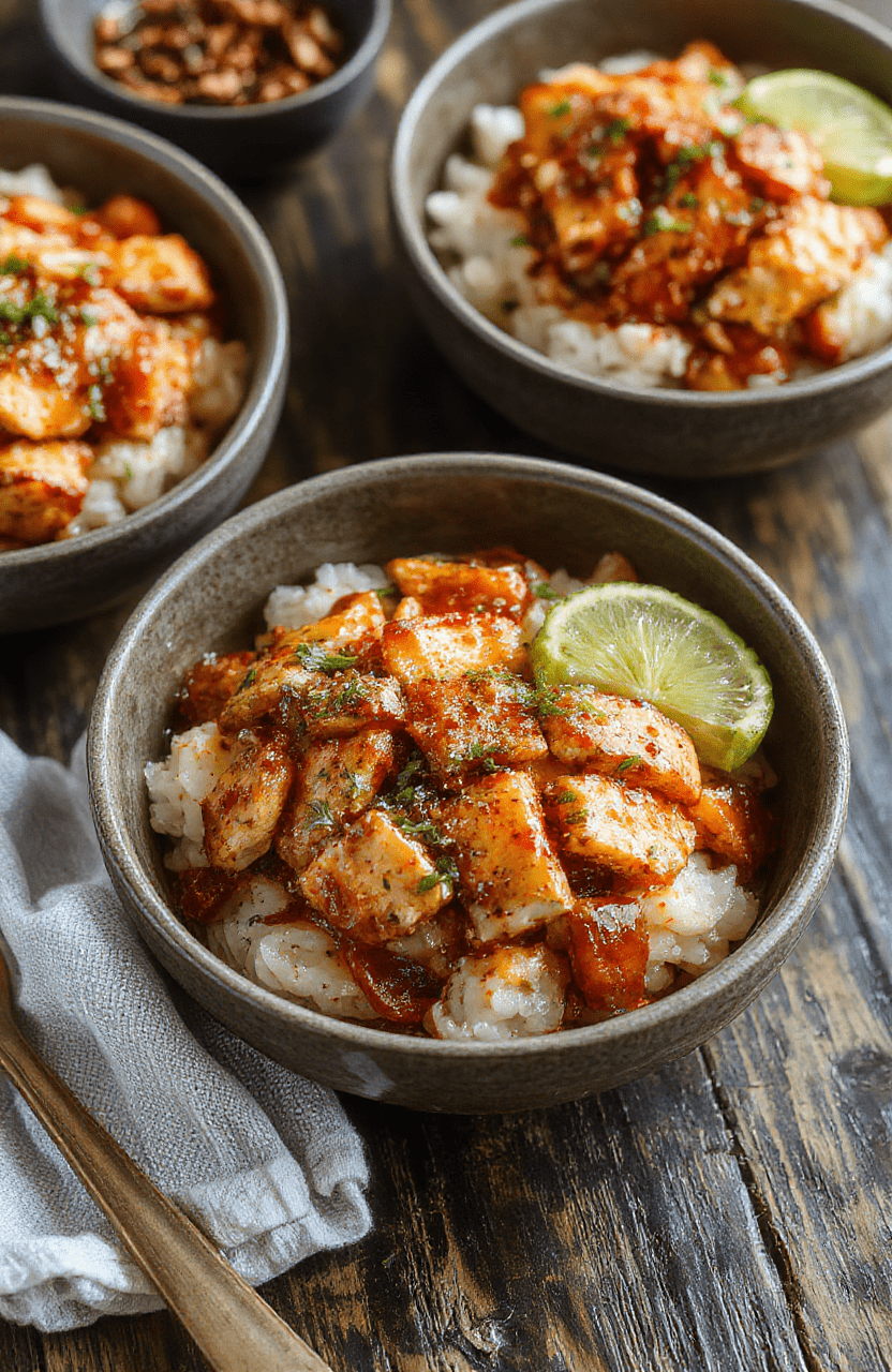 A vibrant bowl featuring tender grilled chicken glazed with honey and chipotle, atop fluffy white rice, garnished with fresh cilantro and lime wedges. The bowl is styled on a rustic wooden table with colorful vegetables and a drizzle of honey and smoky sauce, creating a warm, inviting, and appetizing scene full of textures and rich colors.