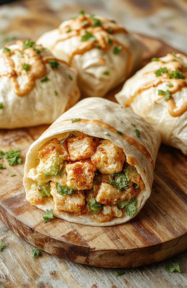 Colorful thai peanut chicken wraps arranged on a white plate, showing shredded chicken, crunchy vegetables, and creamy peanut sauce, garnished with chopped peanuts and cilantro, styled simply to highlight the vibrant ingredients and textures.