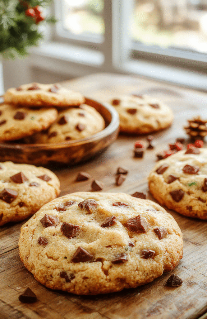 A colorful assortment of holiday cookies on a rustic wooden platter, featuring gingerbread, sugar cookies, and peppermint bark, styled with holiday decor and soft natural lighting.