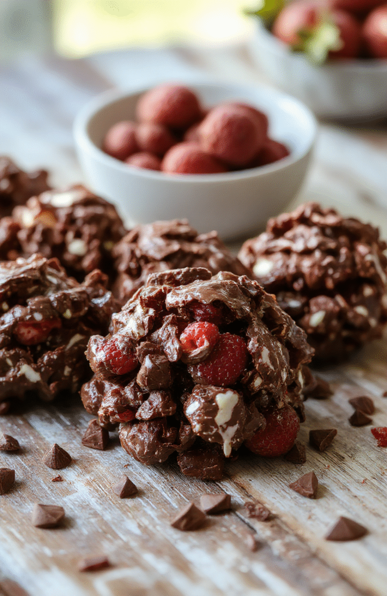 A close-up of vibrant red strawberries and creamy chocolate yogurt clusters arranged on a white plate, with a sprinkle of chopped nuts and a drizzle of melted chocolate, styled casually on a rustic wooden table with natural daylight highlighting the textures and colors.