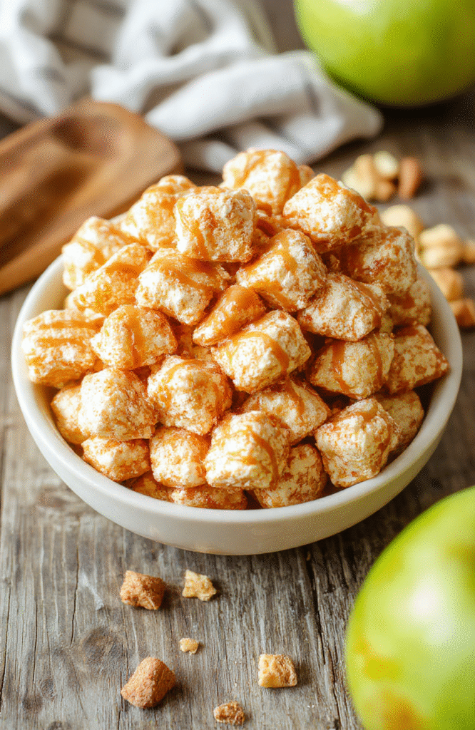 A vibrant bowl of caramel apple puppy chow featuring crunchy cereal coated in glossy caramel and bright green candy pieces, topped with a drizzle of white chocolate. The dish is styled on a rustic wooden surface with fall-themed decor, highlighting warm colors and textures that evoke cozy seasonal vibes.