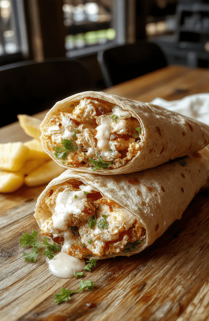 A vibrant plate featuring a golden-brown chicken bacon ranch wrap sliced in half, revealing crispy bacon, fresh lettuce, creamy ranch sauce, and tender chicken. The wrap is styled on a rustic wooden surface with colorful fresh ingredients scattered around, textures of crispy bacon and crunchy lettuce contrasting with smooth ranch, styled for a appetizing, inviting look.