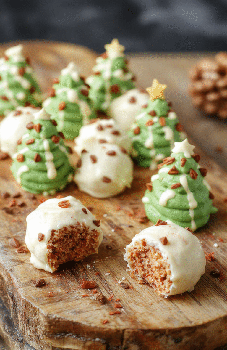Colorful Christmas tree-shaped cake truffles decorated with green frosting, sprinkles, and edible glitter, arranged on a white plate with red and gold holiday accents, showcasing their playful and festive appearance with a smooth textured coating and vibrant decorations.