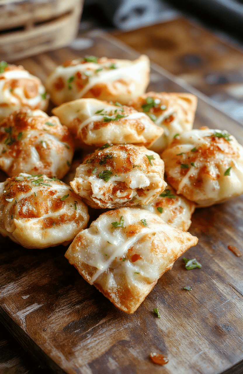 A close-up of golden-brown Crab Rangoon appetizers arranged on a white plate, garnished with chopped green onions. The crispy wonton wrappers are filled with creamy crab and cheese mixture, with texture details visible. The vibrant yellow and white filling contrasts with the crispy exterior, styled on a rustic wooden surface with a blurred background for a cozy, inviting feel.