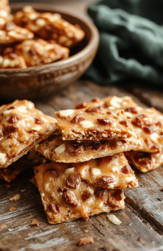 A close-up of golden-brown cracker toffee arranged neatly on a rustic wooden board, topped with glossy caramel and sprinkled with chopped nuts, with vibrant holiday decorations in the blurred background, showcasing a crispy and chewy texture.