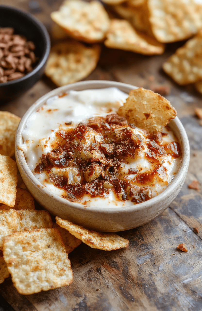 A vibrant apple dip in a white bowl garnished with cinnamon, surrounded by golden crispy cinnamon chips on a rustic wooden table with warm lighting, textures of smooth dip contrasting with crunchy chips.