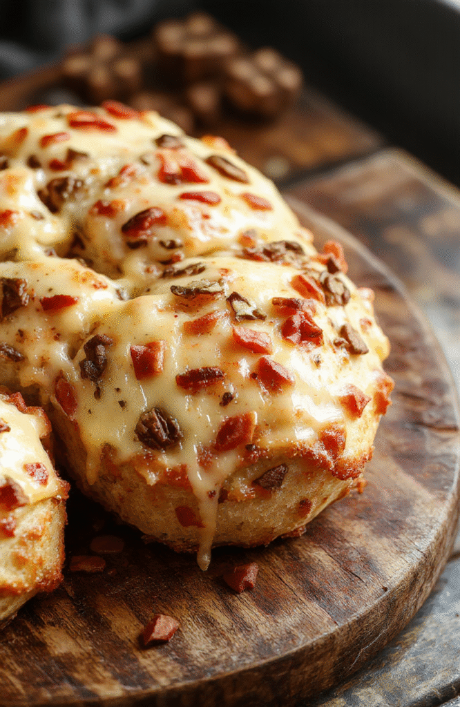 A golden-brown cheesy Christmas bread topped with melted cheese and herbs, sliced and placed on a rustic wooden platter. The bread has a crispy crust, gooey cheese, and colorful herbs, styled with holiday decorations blurred in the background, creating a festive atmosphere.