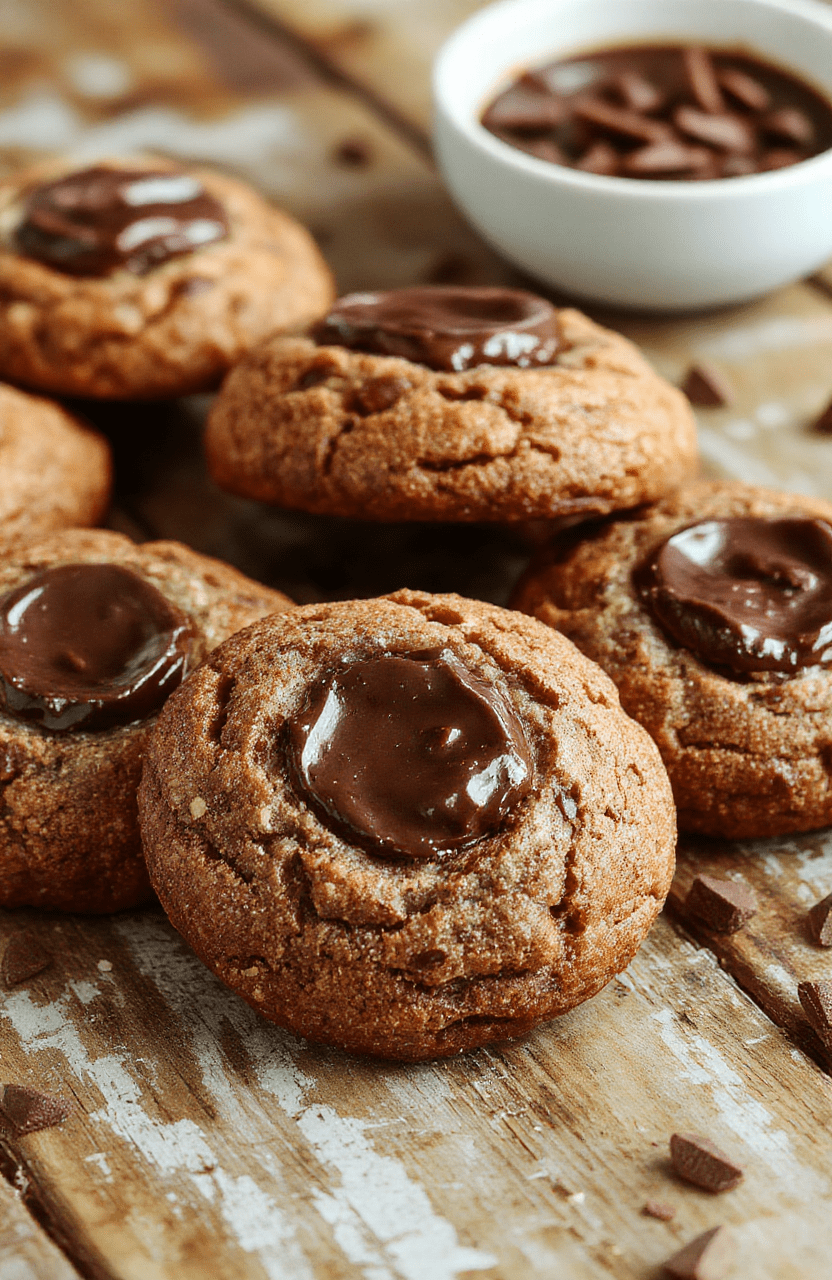 A plate of chewy chocolate thumbprint cookies with a glossy chocolate filling, golden-brown edges, and a textured surface, styled with subtle caramel and cocoa tones, on a rustic wooden table with natural light