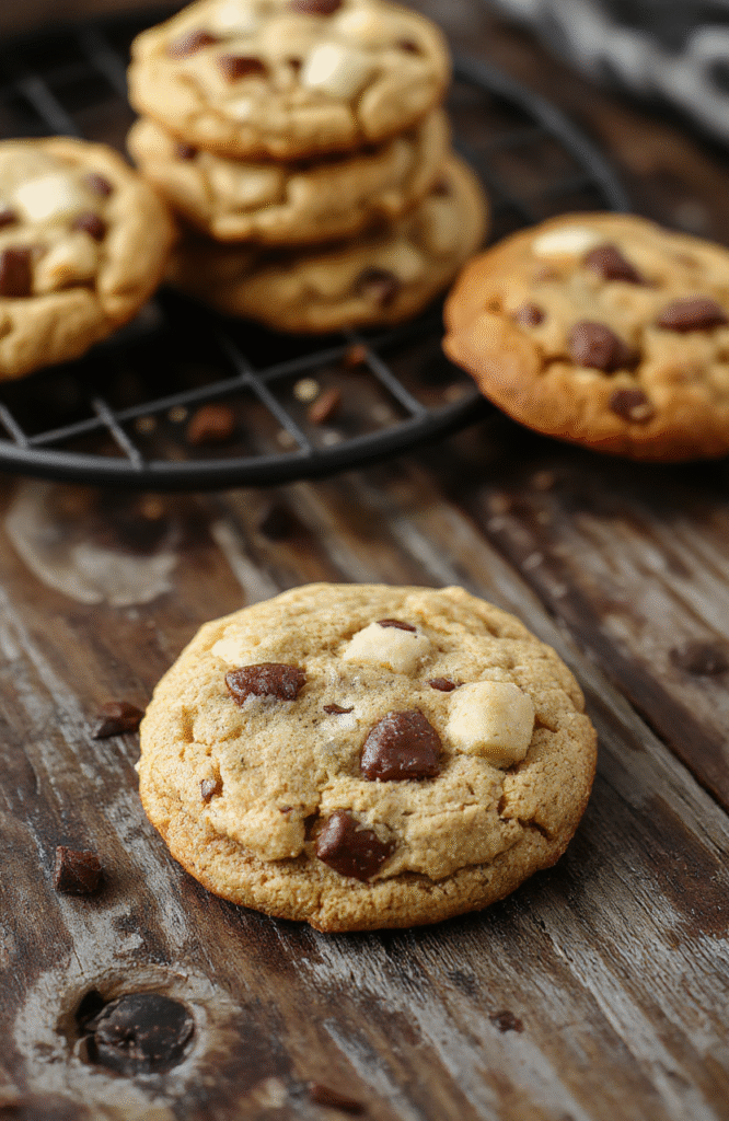 A close-up of chewy cowboy cookies on a rustic wooden platter, golden-brown with chocolate chips and oats visible, styled simply with a few crumbs around, natural daylight highlighting their texture.