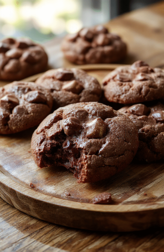 A close-up of chewy hot chocolate cookies with a cracked surface, sprinkled with mini marshmallows and cocoa powder on a rustic wooden plate, warm tones, soft natural light highlighting the gooey chocolate chunks and fluffy marshmallows, styled simply with a cozy winter background