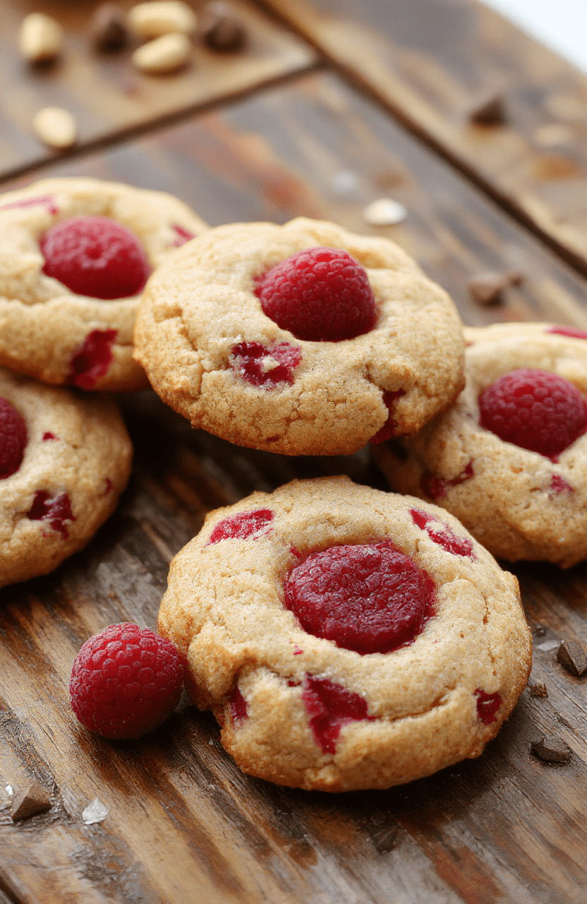A vibrant plate of chewy raspberry cookies featuring bright red raspberries embedded in golden-brown cookies with a slight sheen, arranged on a rustic wooden platter with scattered fresh raspberries and a dusting of powdered sugar, styled with soft natural lighting to emphasize the textures and colors.