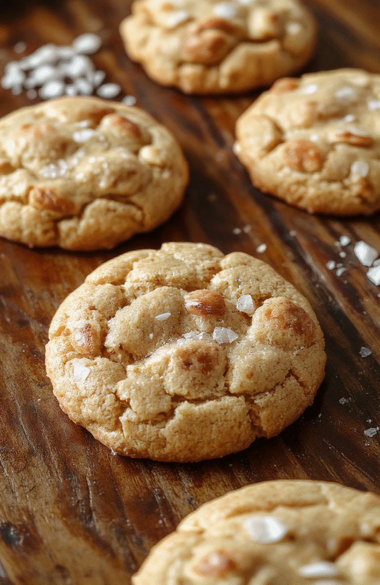 A close-up of golden-brown chewy butterscotch cookies topped with a sprinkle of sea salt, arranged on a rustic wooden platter with a few broken pieces revealing gooey centers. The cookies are styled with natural light highlighting their texture and glossy butterscotch chunks, with a subtle blurred background.