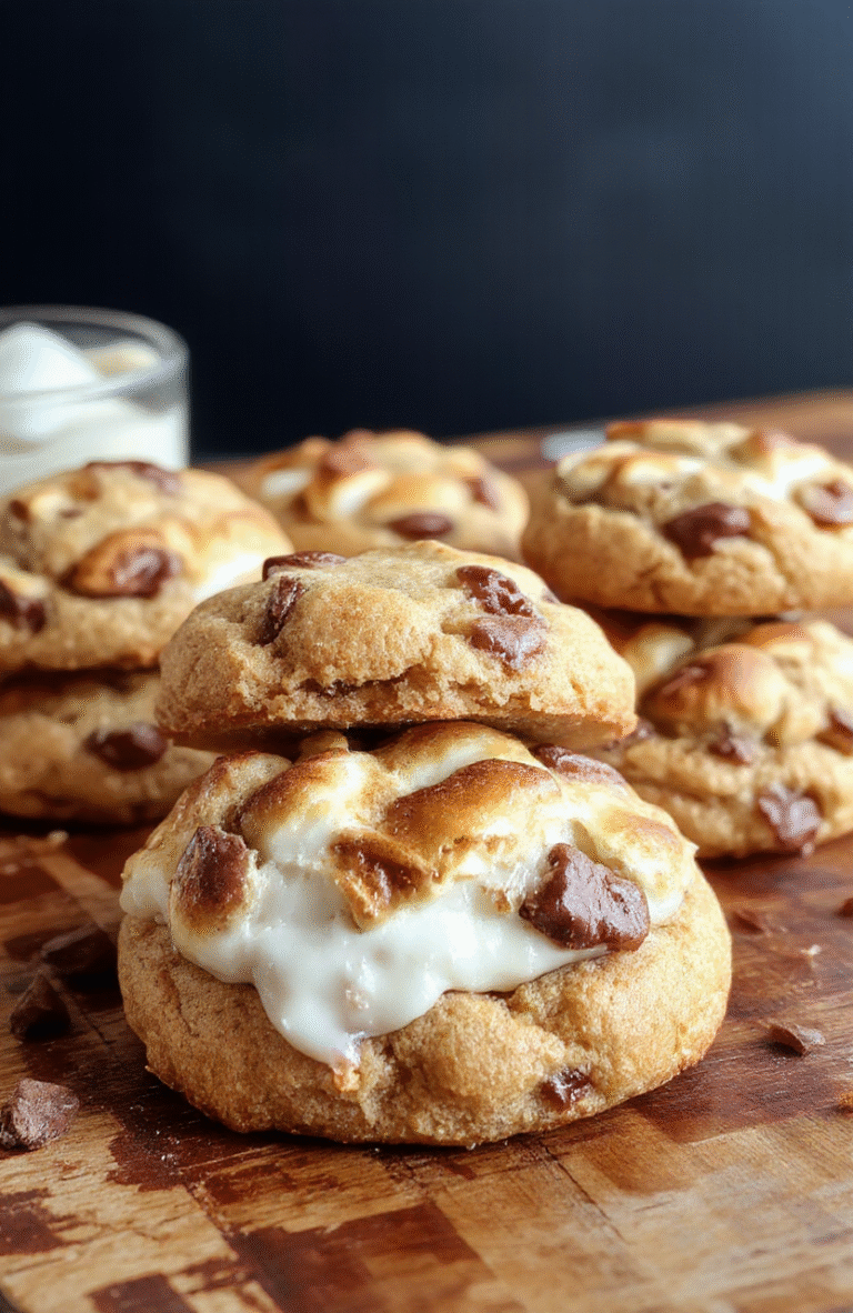 A close-up shot of chewy s'mores cookies plated on a rustic wooden surface, showing gooey melted marshmallows, rich chocolate chunks, and golden-brown edges, styled casually with a few melted chocolate drips and a toasted marshmallow on top for an inviting look.