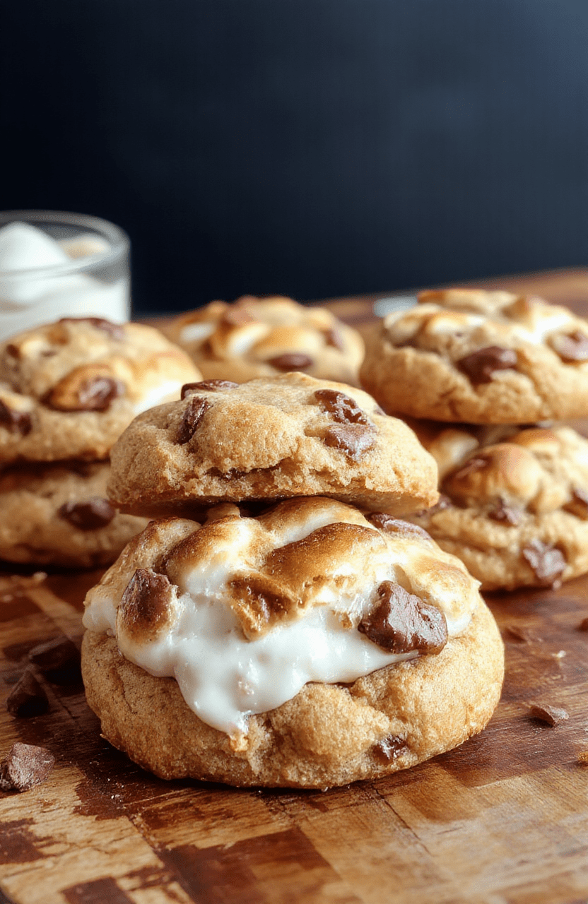 A close-up shot of chewy s'mores cookies plated on a rustic wooden surface, showing gooey melted marshmallows, rich chocolate chunks, and golden-brown edges, styled casually with a few melted chocolate drips and a toasted marshmallow on top for an inviting look.