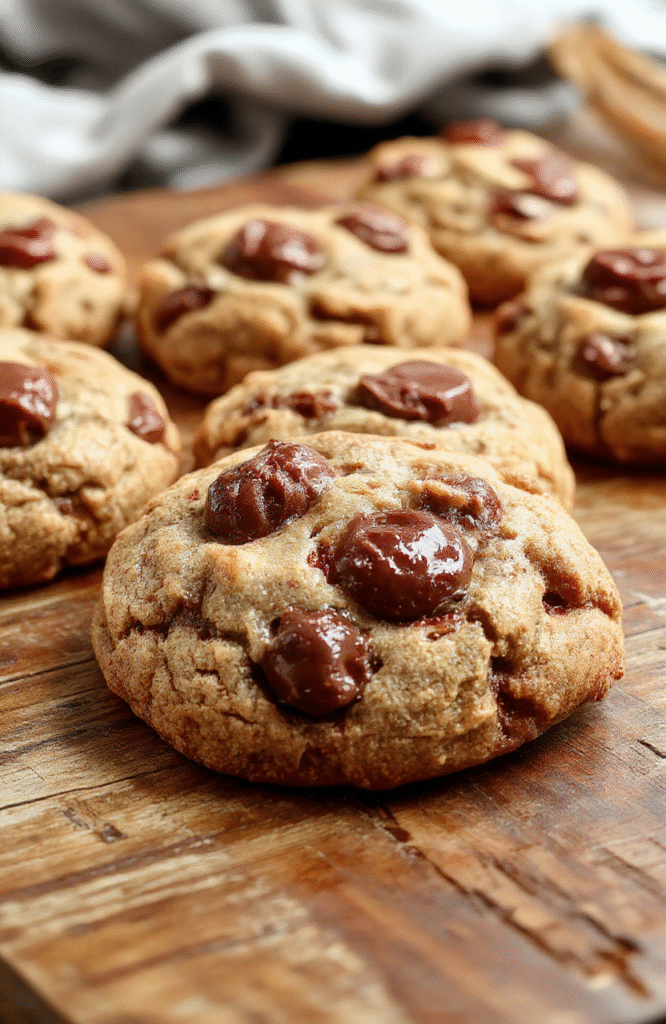 A plate of richly baked chocolate cherry cookies topped with glossy cherries and sprinkled with powdered sugar, set against a warm wooden background with festive decorations nearby. The cookies are cracked slightly on top, revealing a gooey cherry and chocolate interior, with a light dusting of powdered sugar for a holiday touch. The scene is cozy, inviting, and perfect for holiday baking.