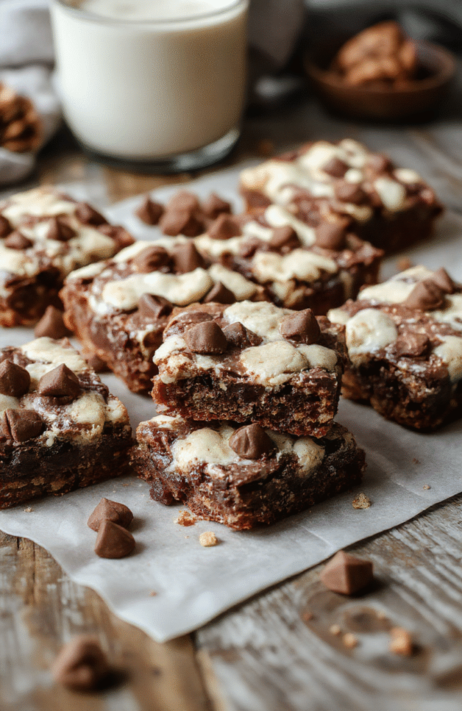 Colorful and glossy chocolate layered cookie bars with sprinkles and holiday-themed decorations, neatly sliced on a festive plate, showcasing textures and rich chocolate topping.