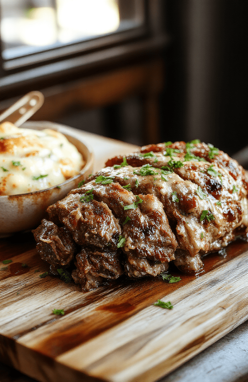 A beautifully plated beef Wellington featuring a golden, flaky pastry crust encasing tender, perfectly cooked beef topped with a shiny glaze and delicate herb garnish. The dish is displayed on a rustic wooden board, with a clean, neutral background highlighting its rich brown and golden tones, textured pastry, and juicy meat inside.