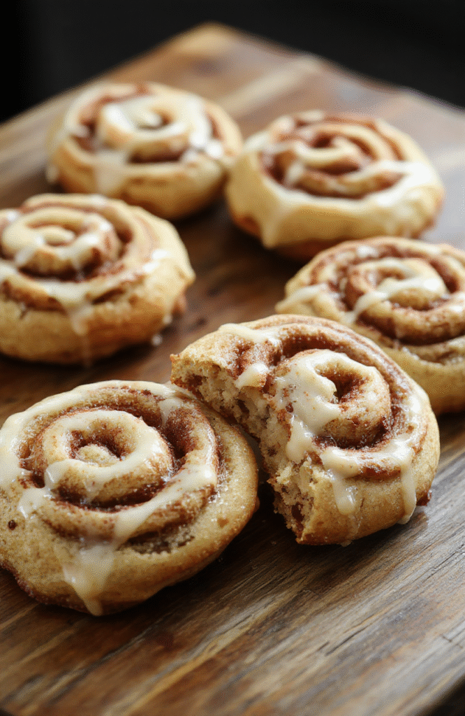 A golden-brown batch of cinnamon roll cookies arranged on a rustic wooden platter, topped with drizzled icing and sprinkled with cinnamon. The cookies have a swirled pattern visible through their flaky, slightly crispy texture. The scene features warm, autumnal lighting with a cozy background, emphasizing the inviting and appetizing appearance perfect for fall indulgence.