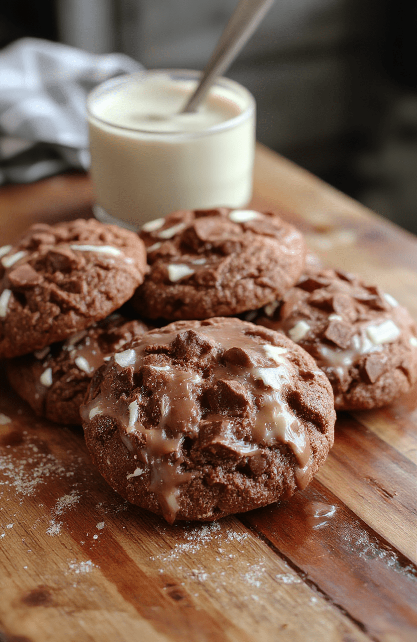 A plate of warm, gooey hot chocolate cookies topped with a drizzle of chocolate and mini marshmallows, set against a cozy winter-themed background with soft warm lighting, inviting and indulgent appearance.