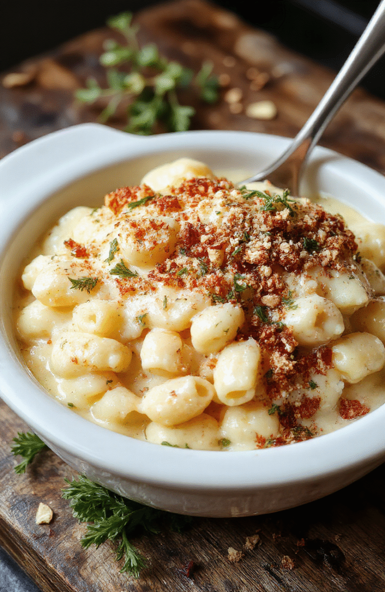 A close-up of a golden, bubbling baked mac and cheese in a rustic white dish, topped with melted cheese and crispy breadcrumbs, surrounded by sprigs of fresh herbs, with a creamy, cheesy sauce visible between pasta shells, styled on a wooden table with a warm, inviting atmosphere.