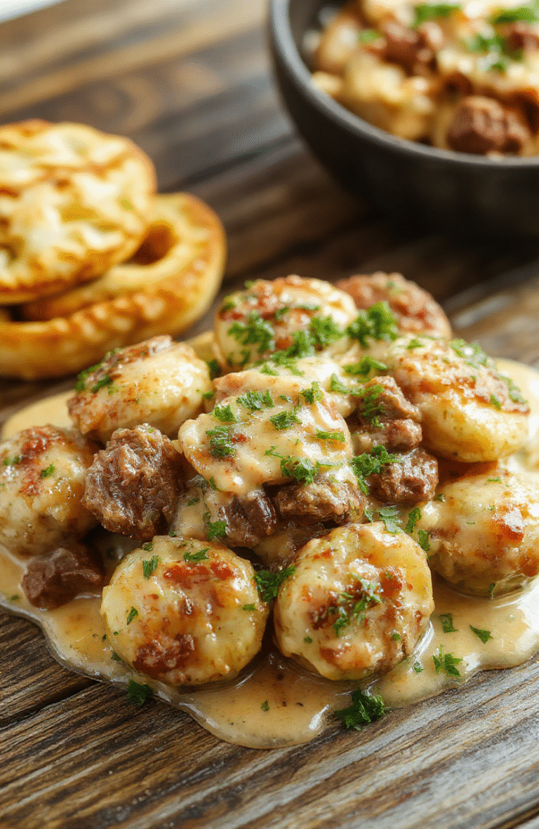 A close-up of a creamy beef and shell pasta dish on a rustic wooden table, featuring tender beef, spiral pasta coated in rich creamy sauce, garnished with fresh herbs and grated cheese, with vibrant colors and inviting textures.