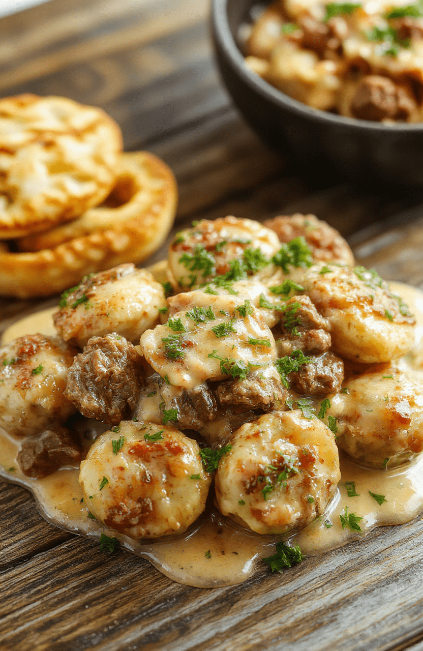 A close-up of a creamy beef and shell pasta dish on a rustic wooden table, featuring tender beef, spiral pasta coated in rich creamy sauce, garnished with fresh herbs and grated cheese, with vibrant colors and inviting textures.