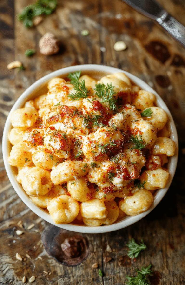 A vibrant plate of creamy chicken Mac and cheese featuring tender shredded chicken strands, melted golden cheese sauce coating al dente pasta, garnished with fresh herbs, served on a rustic wooden table with a creamy texture and inviting presentation.
