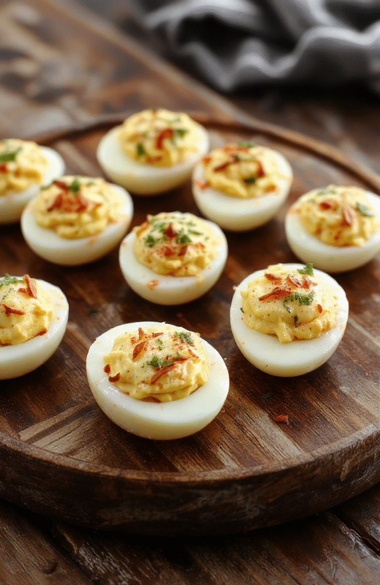 A close-up of creamy deviled eggs on a white plate, garnished with paprika and chives, displaying smooth filling and bright yellow yolks, styled with a rustic wooden background