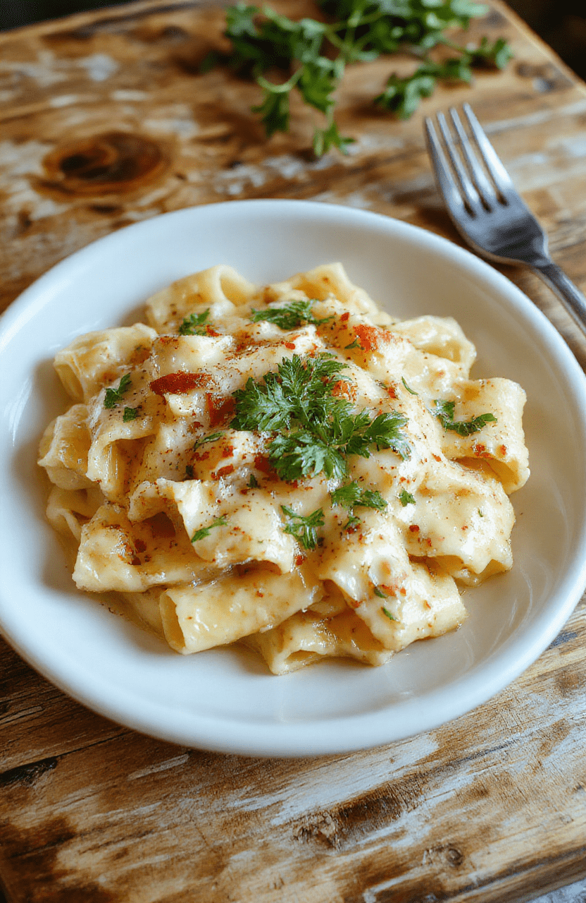 A vibrant bowl of creamy Italian rigatoni pasta featuring large ridged tubes coated in rich, velvety sauce, garnished with fresh herbs and grated cheese, styled in a rustic white bowl on a wooden surface with a background of olive oil, cherry tomatoes, and garlic, conveying warmth and comfort.
