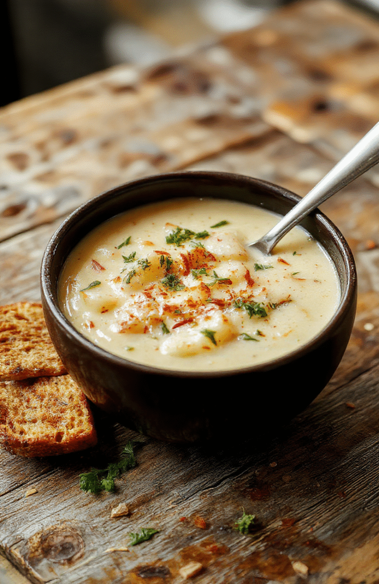 A steaming bowl of creamy loaded potato soup topped with shredded cheese, crispy bacon bits, chopped green onions, and a dollop of sour cream, served in a rustic white bowl on a wooden table with a background of fresh potatoes and herbs, warm lighting highlighting the rich textures and vibrant colors.