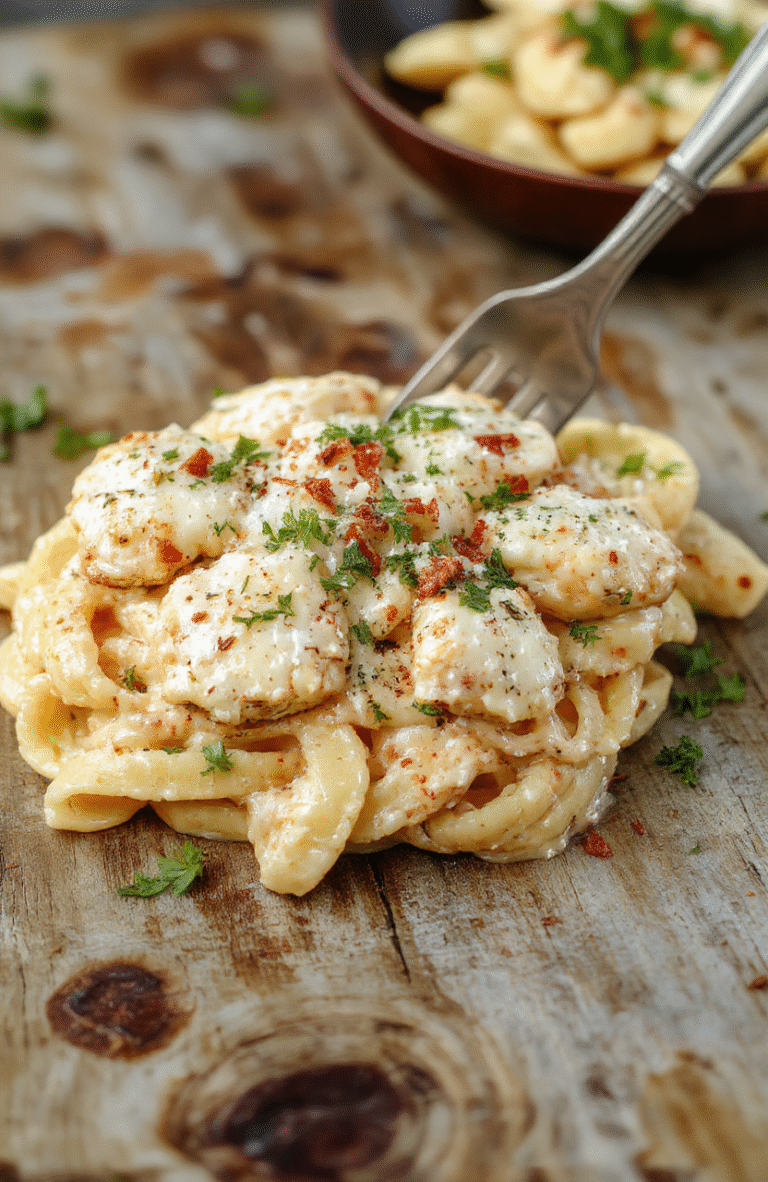 A vibrant plate of creamy parmesan chicken pasta featuring golden-brown chicken pieces, al dente pasta coated in a rich, cheesy sauce, garnished with fresh parsley, with a rustic wooden background and soft natural light highlighting the textures and colors.