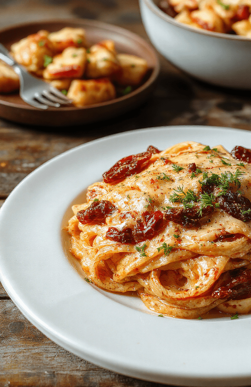 A vibrant plate of creamy spaghetti topped with chopped sun-dried tomatoes and fresh basil, golden Parmesan shavings on a rustic wooden table, creamy sauce glistening, garnished with herbs, styled with a fork twisting a bite, warm and inviting colors.