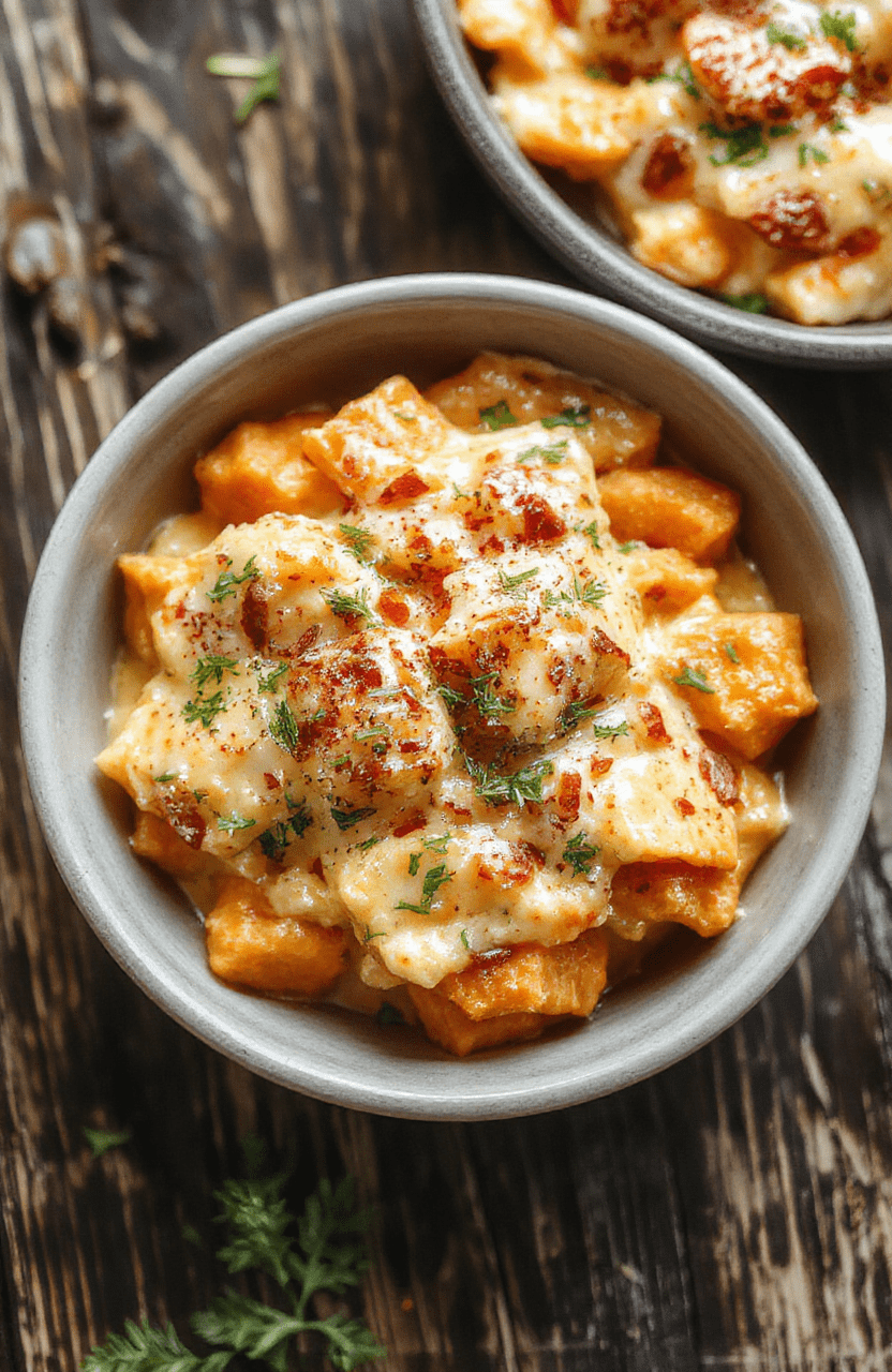 A vibrant, creamy sweet potato casserole topped with golden brown marshmallows and crushed nuts, elegantly plated in a rustic ceramic dish with a sprinkle of fresh herbs, warm lighting highlighting the textures.