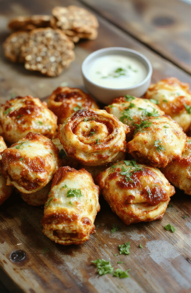 Golden brown crispy air fryer pizza rolls arranged on a white plate, with melted cheese and pepperoni visible, garnished with fresh herbs, styled simply on a rustic wooden table.