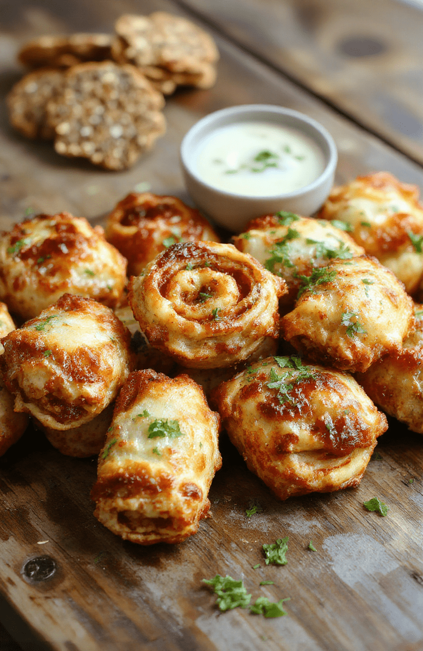 Golden brown crispy air fryer pizza rolls arranged on a white plate, with melted cheese and pepperoni visible, garnished with fresh herbs, styled simply on a rustic wooden table.