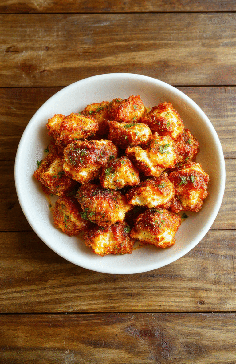 A golden crispy popcorn chicken served on a white plate, garnished with fresh herbs, with a side of dipping sauce, vibrant and appetizing, styled simply with a rustic table background.