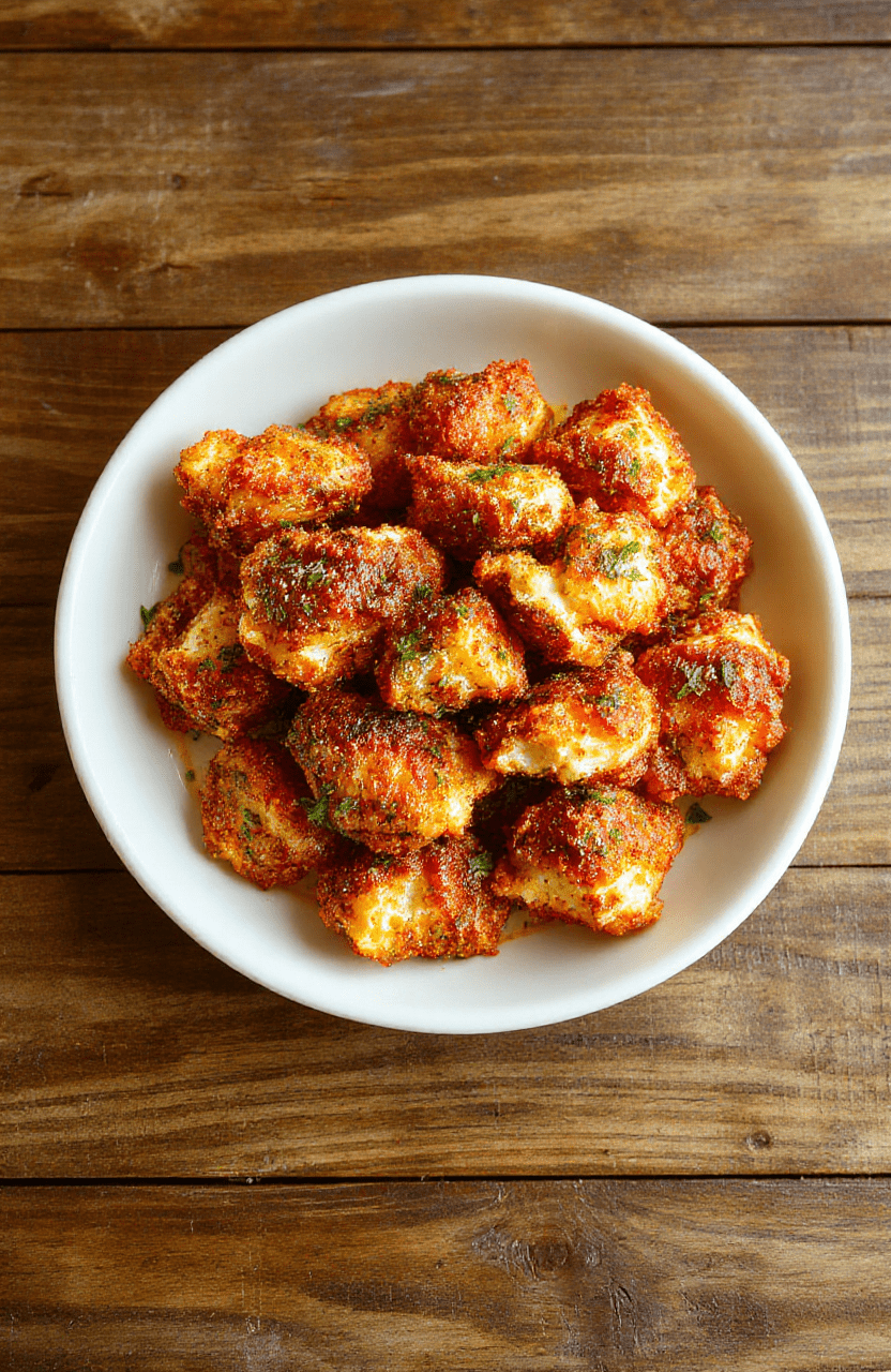 A golden crispy popcorn chicken served on a white plate, garnished with fresh herbs, with a side of dipping sauce, vibrant and appetizing, styled simply with a rustic table background.