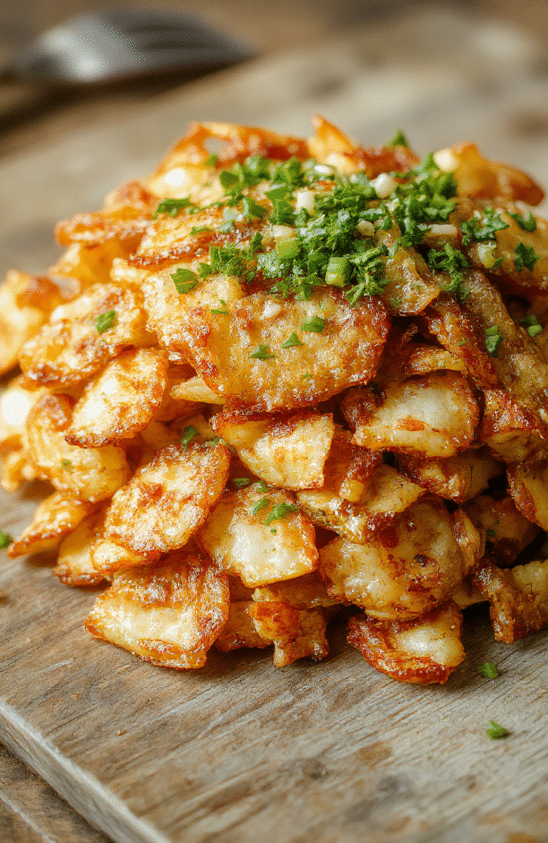 Golden crispy fried onions arranged on a rustic plate, with a few scattered on a dark wooden surface. The onions are thinly sliced, perfectly golden, with a crunchy texture visible. Light seasoning and a slight sheen from oil enhance their appeal. The background features a soft-focus kitchen setting, emphasizing the homemade and savory nature of the snack.