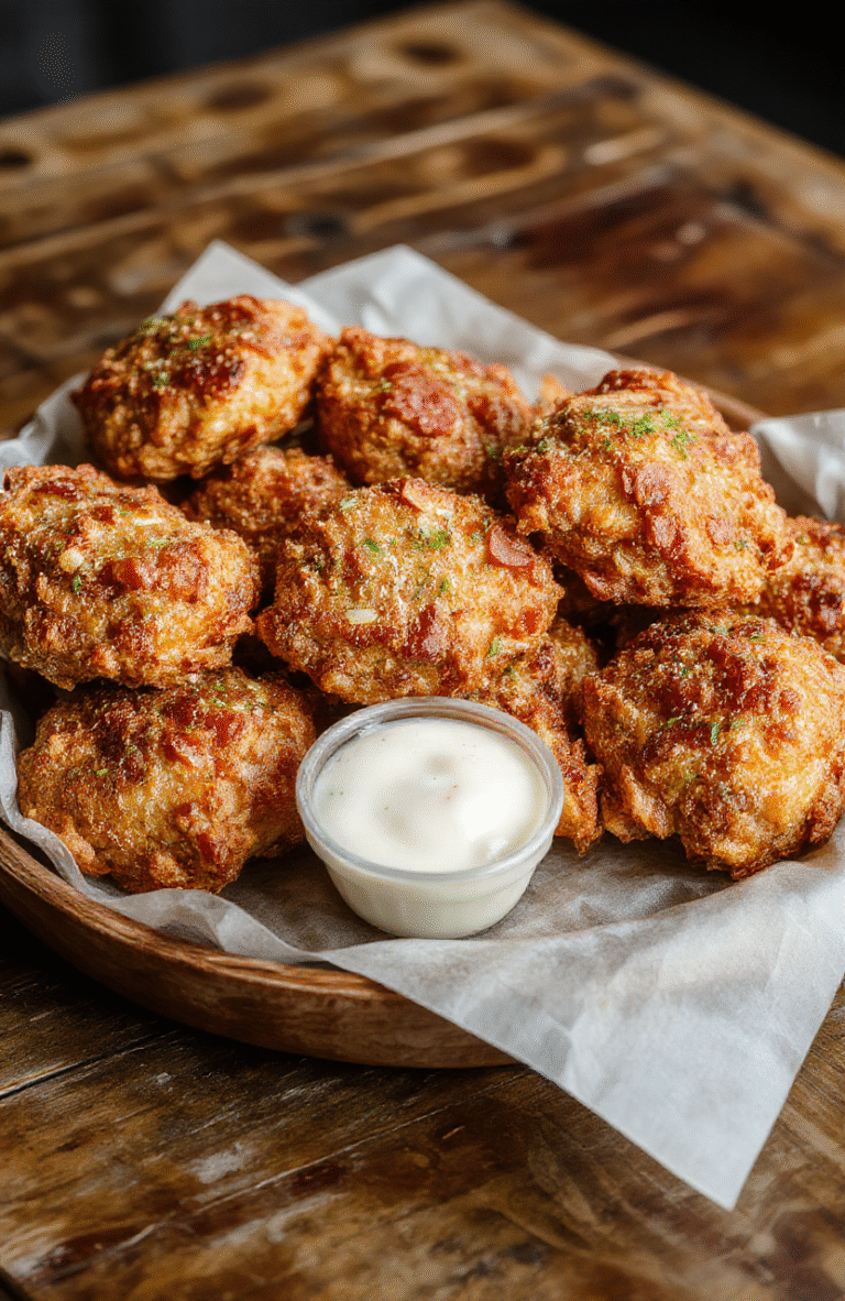 A golden, crispy piece of pretzel-coated chicken topped with melted cheese, served on a rustic wooden plate against a neutral background, garnished with chopped herbs. The textured coating appears crunchy, with cheesy gooeyness visible on top, inviting a warm and comforting meal feel. The presentation emphasizes its crispy crunch and cheesy allure, styled simply for a cozy dinner scene.