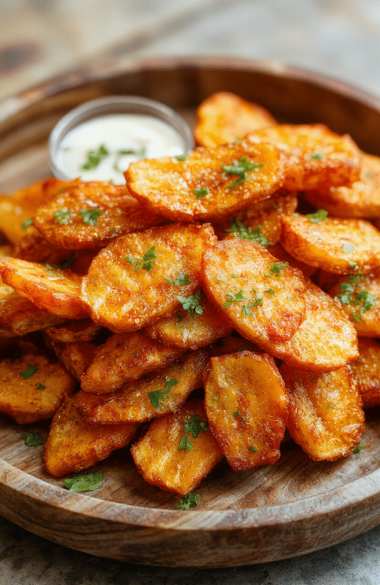 Golden crispy sweet potato fries arranged on a rustic wooden plate, garnished with fresh herbs. The fries have a textured, crunchy exterior with a tender interior, vibrant orange color, and slight char marks, styled with a minimal rustic backdrop for a warm, inviting feel.