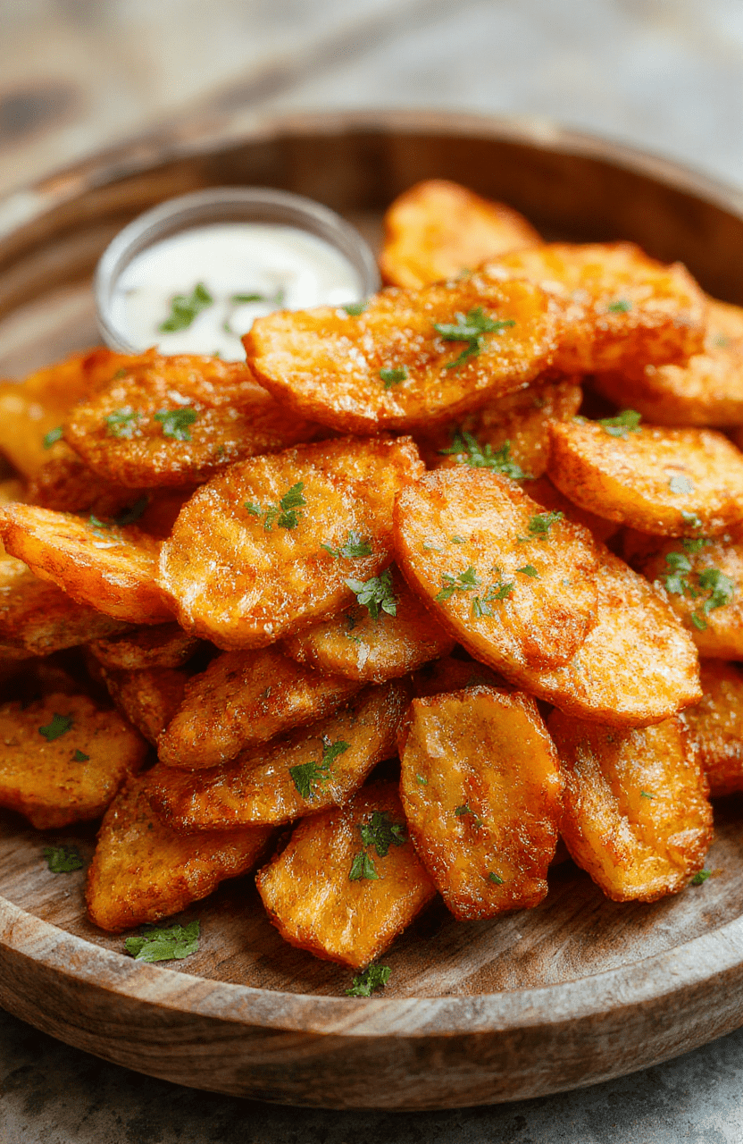Golden crispy sweet potato fries arranged on a rustic wooden plate, garnished with fresh herbs. The fries have a textured, crunchy exterior with a tender interior, vibrant orange color, and slight char marks, styled with a minimal rustic backdrop for a warm, inviting feel.