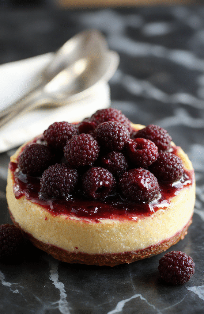 A rich, layered blackberry cake with dark purple and blackberries on top, set on a rustic wooden table with a soft focus background. The cake has a glossy blackberry glaze, flaky crust, and vibrant berries, styled in a moody, gothic aesthetic with deep shadows and subtle highlights emphasizing textures.