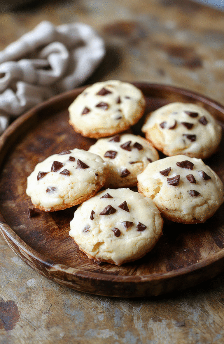 A close-up of a stack of golden-brown cheesecake cookies with a creamy filling visible, topped with a sprinkle of crushed graham crackers and a drizzle of chocolate. The cookies are presented on a rustic wooden plate with a blurred background of a cozy kitchen setting, emphasizing their soft textures and indulgent appeal.