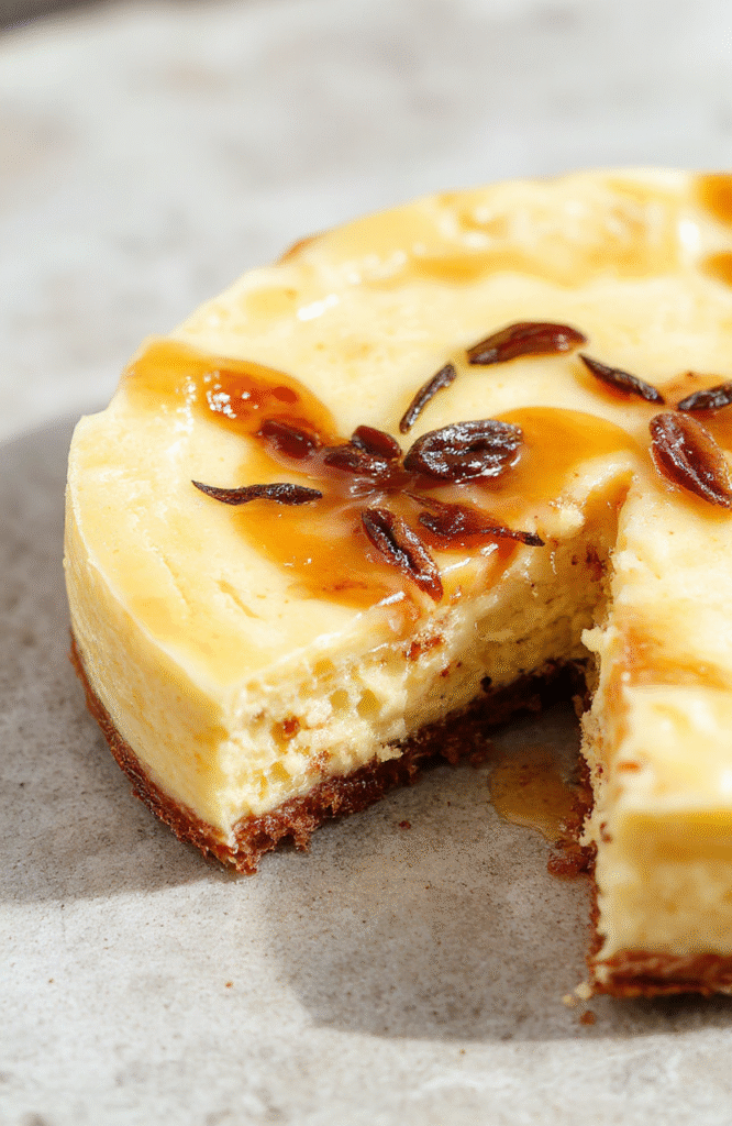 A luscious slice of cheesecake topped with a golden brown butter drizzle and fresh vanilla bean specks, plated elegantly on a neutral-toned plate, with a smooth creamy texture and crumbly crust visible. The background features soft, ambient lighting highlighting the rich, inviting colors of the dessert, with a subtle sprinkle of vanilla beans for garnish.