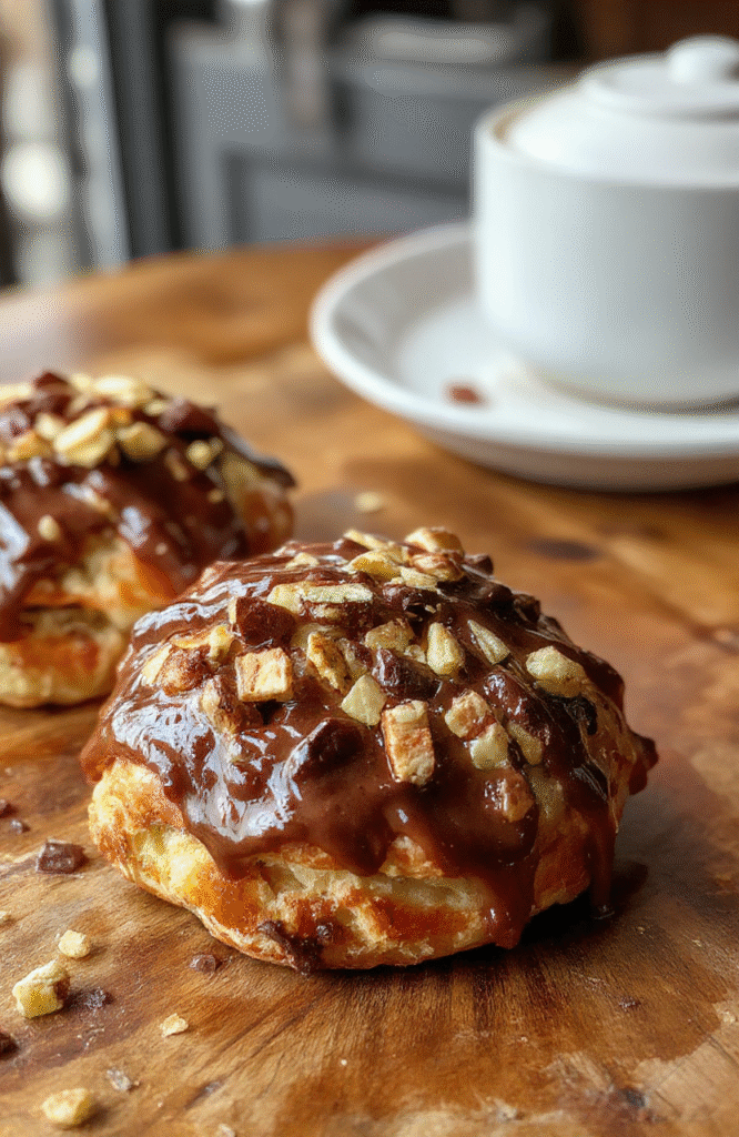 A golden-brown chocolate croissant bake topped with powdered sugar and drizzled with chocolate sauce on a rustic wooden table, with plump croissants overflowing with chocolate chunks and a flaky, crispy crust, styled with fresh berries and a cup of coffee in bright natural daylight.