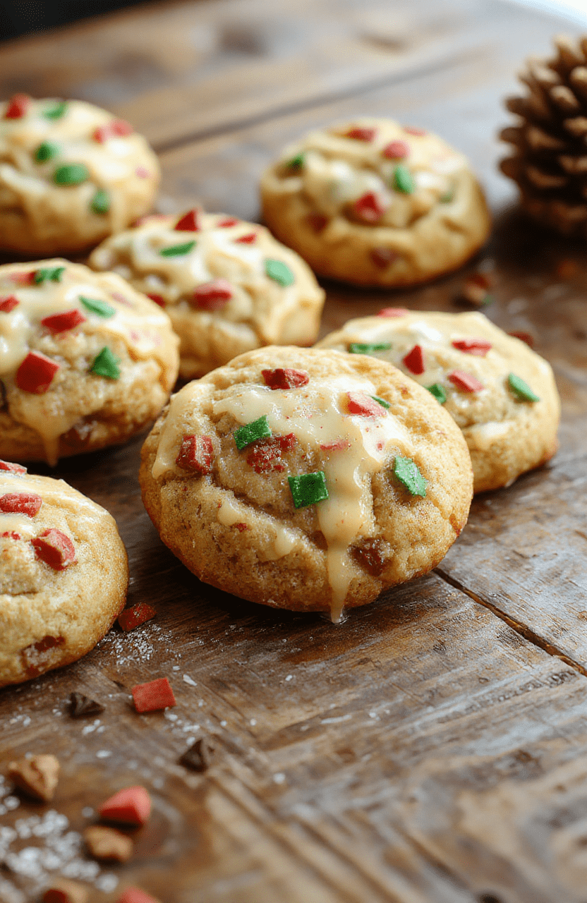 A batch of golden-brown gooey butter cookies topped with powdered sugar and colorful sprinkles, arranged on a rustic wooden platter with holiday-themed decorations in the background, capturing the soft, gooey texture and festive presentation.