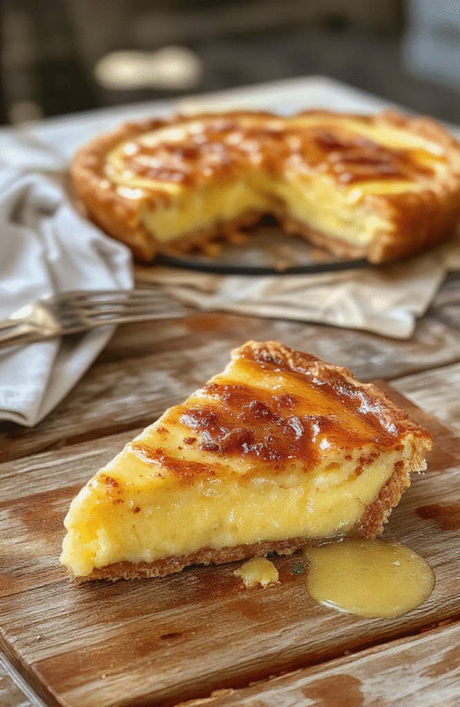 A rich, golden custard pie with a smooth, creamy surface, topped with a light caramel glaze. The pie is elegantly sliced on a white ceramic plate, revealing its velvety texture and flaky crust. The background features warm lighting and holiday-themed decor, creating an inviting and festive atmosphere.