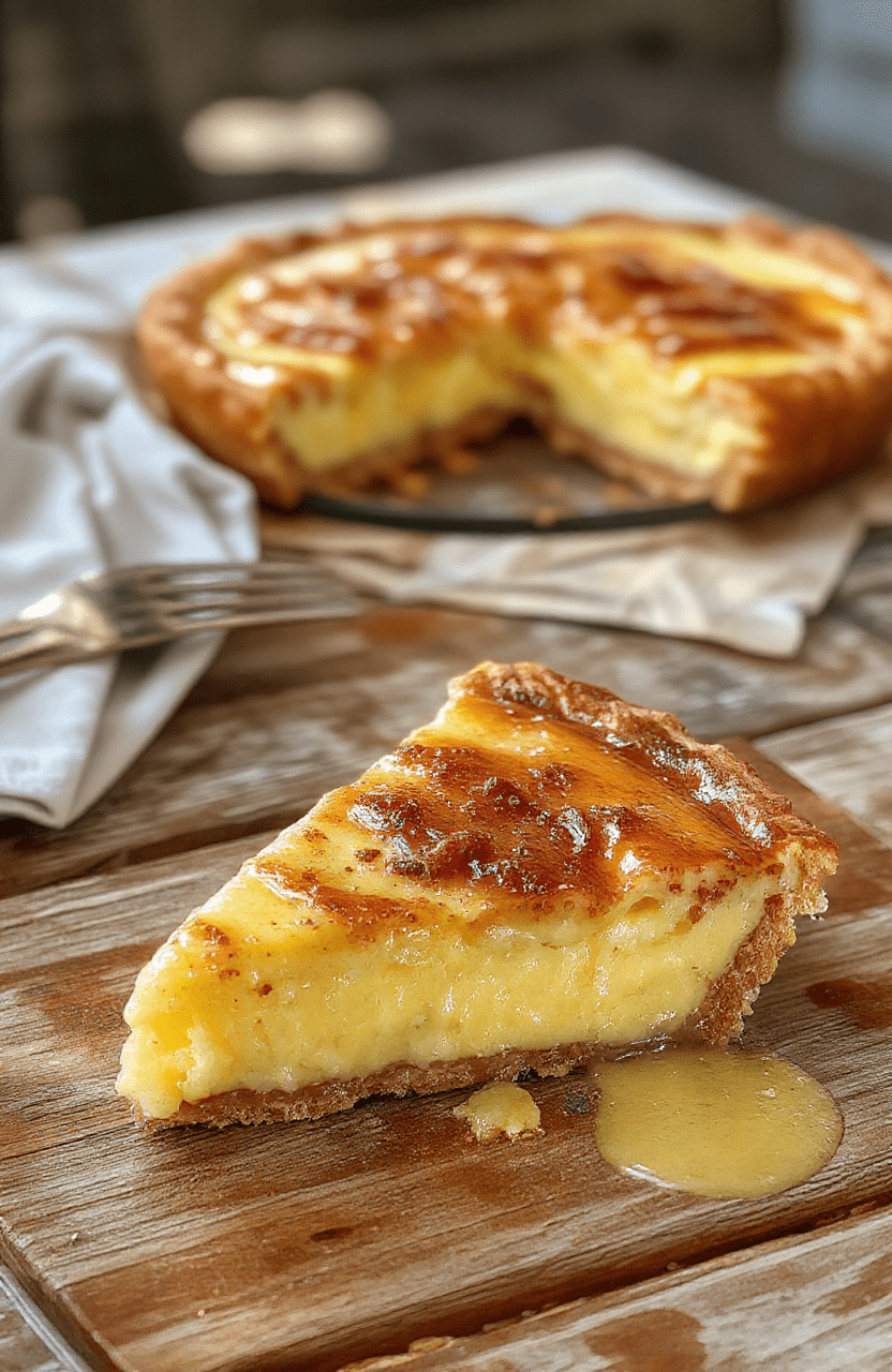 A rich, golden custard pie with a smooth, creamy surface, topped with a light caramel glaze. The pie is elegantly sliced on a white ceramic plate, revealing its velvety texture and flaky crust. The background features warm lighting and holiday-themed decor, creating an inviting and festive atmosphere.
